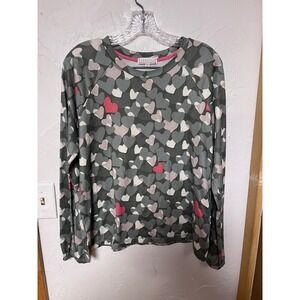 PJ Salvage Womens Grey Pink Heart Print Long Sleeve Pajama Top Size Medium